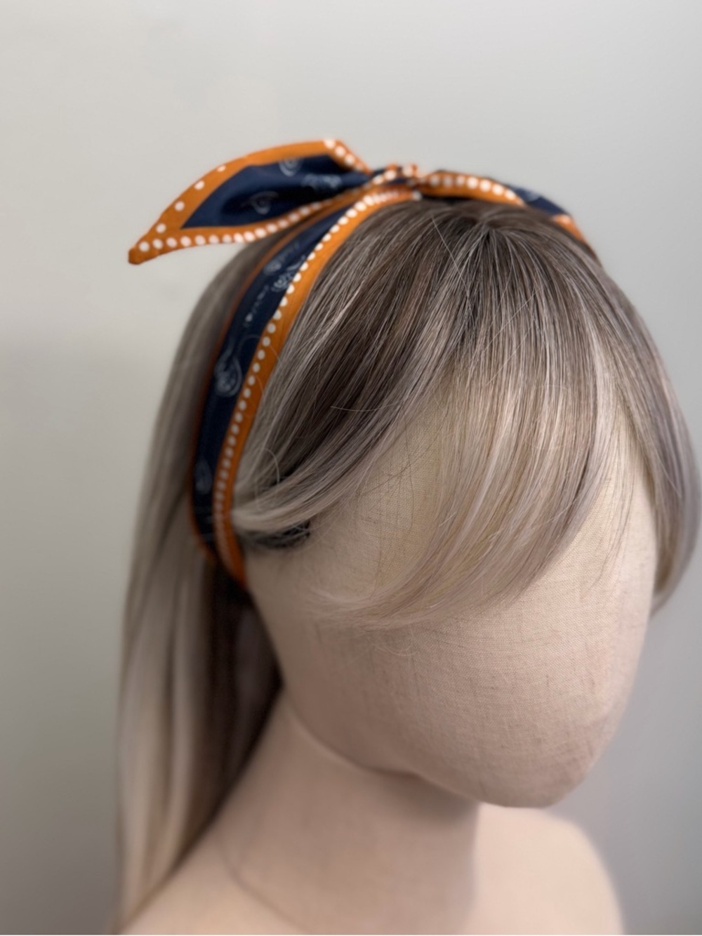Navy Blue Paisley Skinny Scarf Orange Trim Hair Tie Twilly Neck Scarf - Picture 4 of 6
